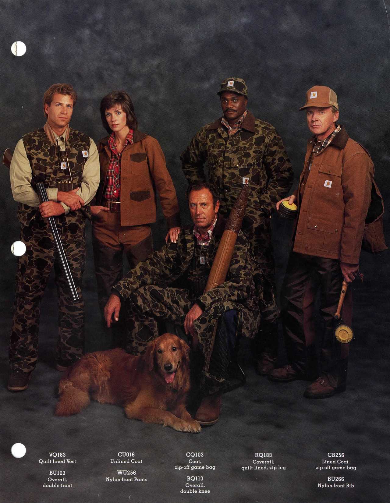 Carhartt catalog from 1987 shows five people wearing hunting clothing and a dog