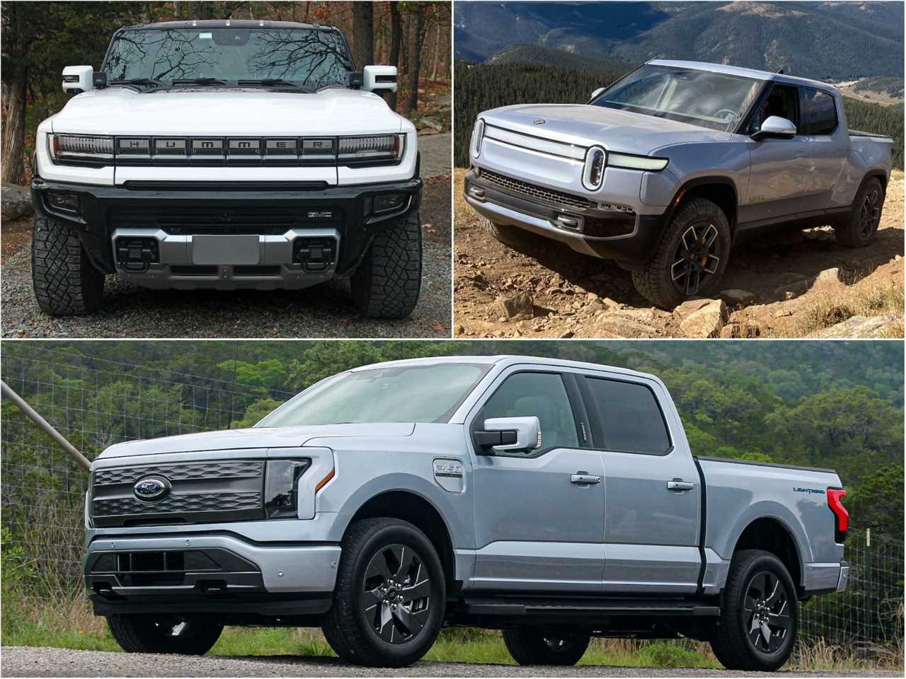 The GMC Hummer EV (top left), Rivian R1T (top right), and Ford F-150 Lightning.