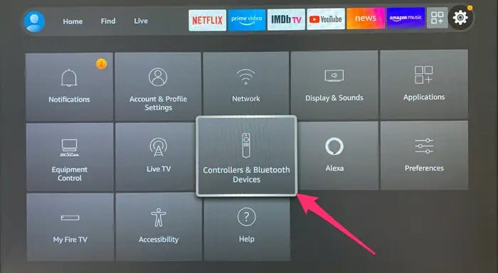 An Amazon Fire TV’s settings, with the “Controllers & Bluetooth Devices” option highlighted.