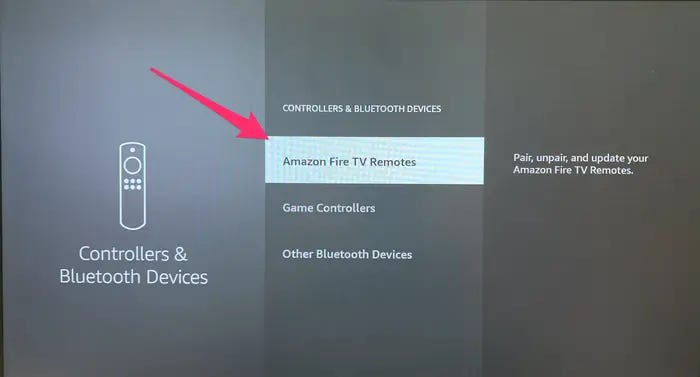 An Amazon Fire TV's "Controllers & Bluetooth Devices" screen, with the "Amazon Fire TV Remotes" option highlighted.