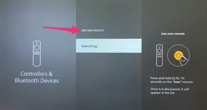 An Amazon Fire TV’s “Controllers & Bluetooth Devices” screen, with the “Add New Remote” option highlighted.