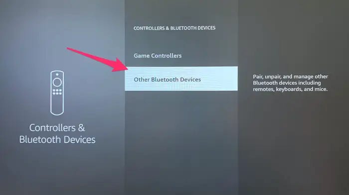 An Amazon Fire TV's settings, with the "Other Bluetooth Devices" option highlighted.