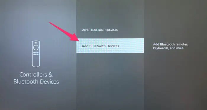 An Amazon Fire TV's settings, with the "Add Bluetooth Devices" option highlighted.