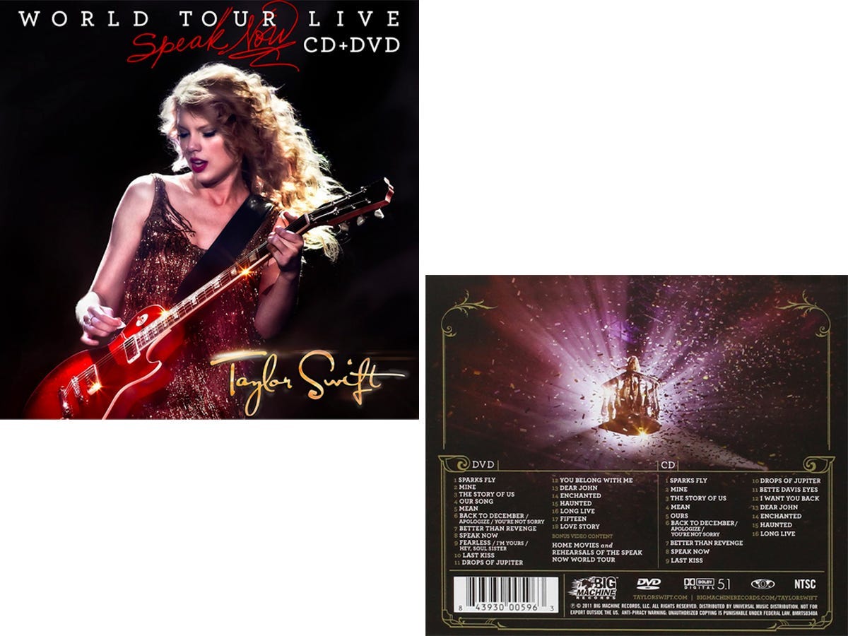 Front and back cover of the Taylor Swift Speak Now: World Tour Live CD and DVD