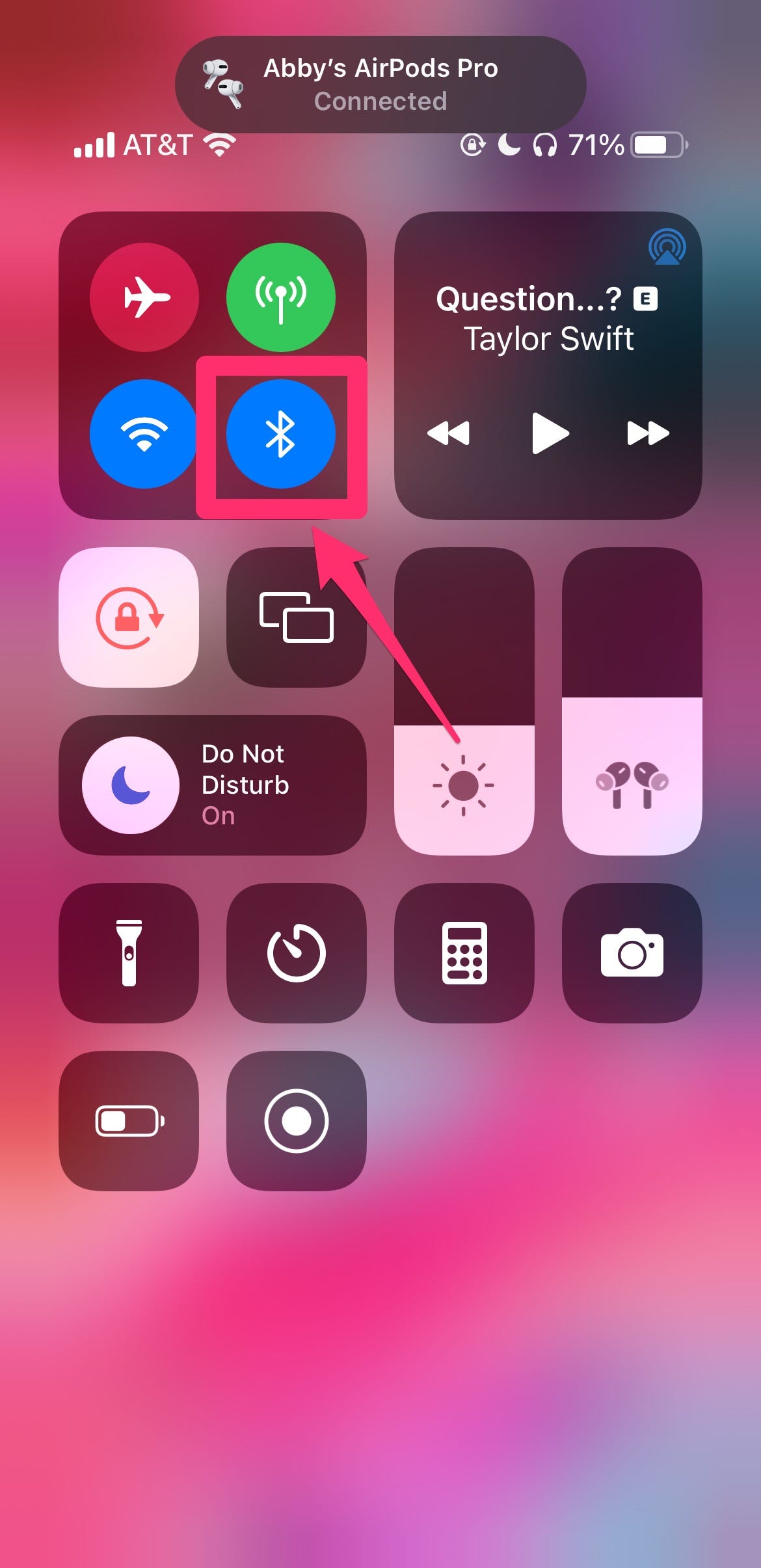 Control Center with Bluetooth icon highlighted with a box and arrow.