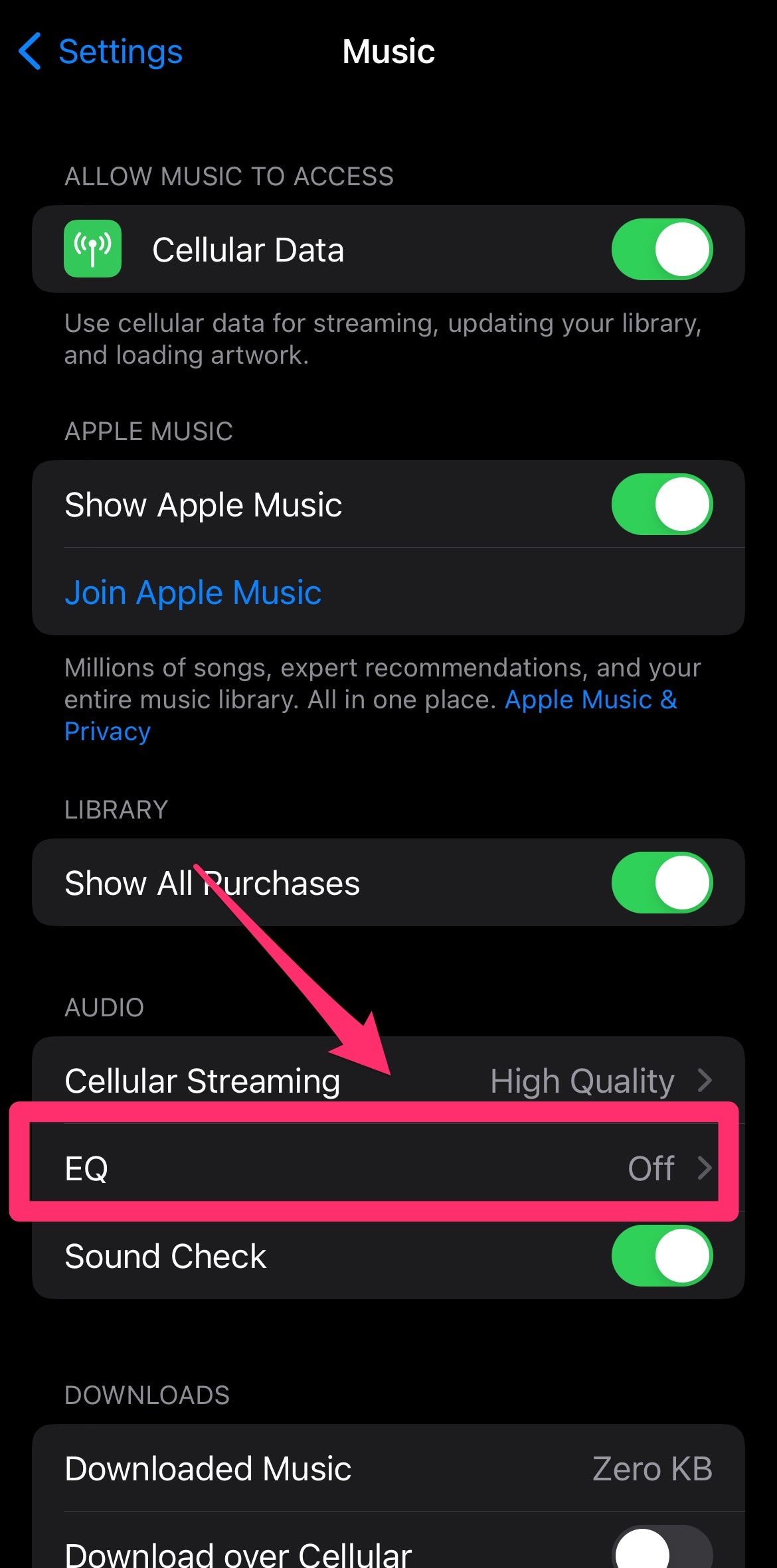 Music settings with EQ option highlighted with a box and arrow.