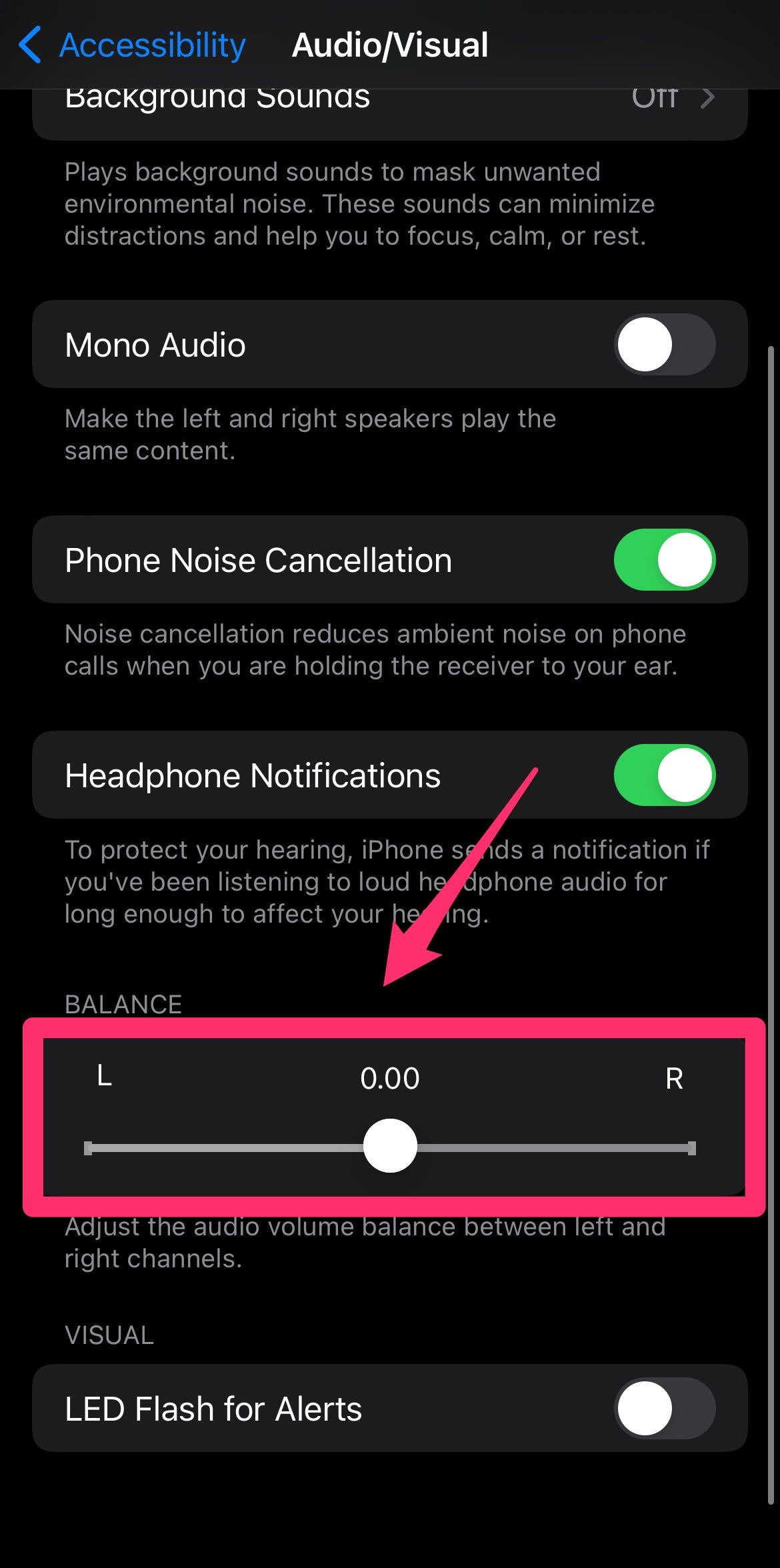 Audio/visual settings with Balance bar highlighted with a box and arrow.