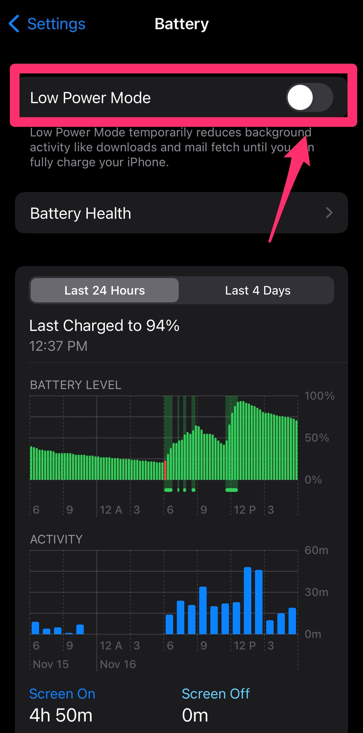 Battery settings with Low Power Mode highlighted with a box and arrow.