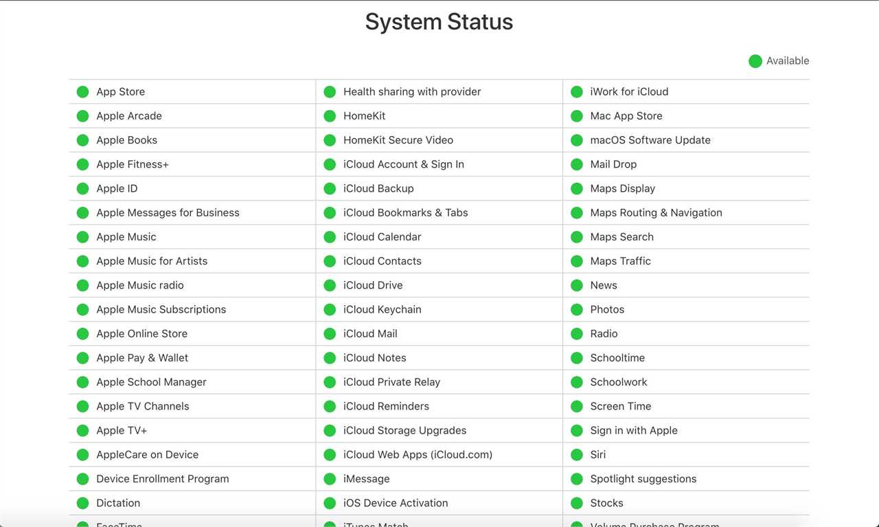 Apple System Status page.