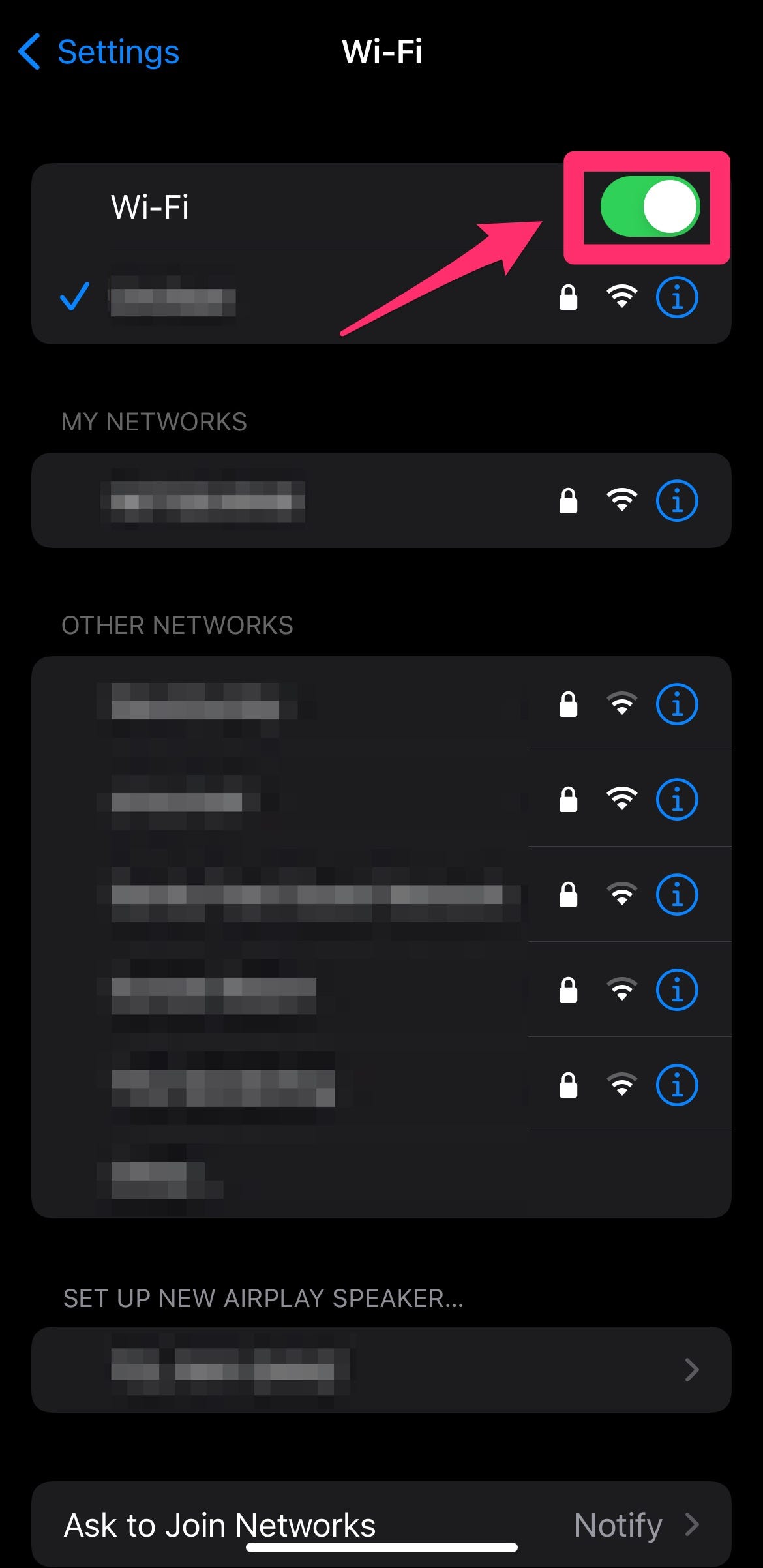 Wi-Fi menu with Wi-Fi slider highlighted with a box and arrow.