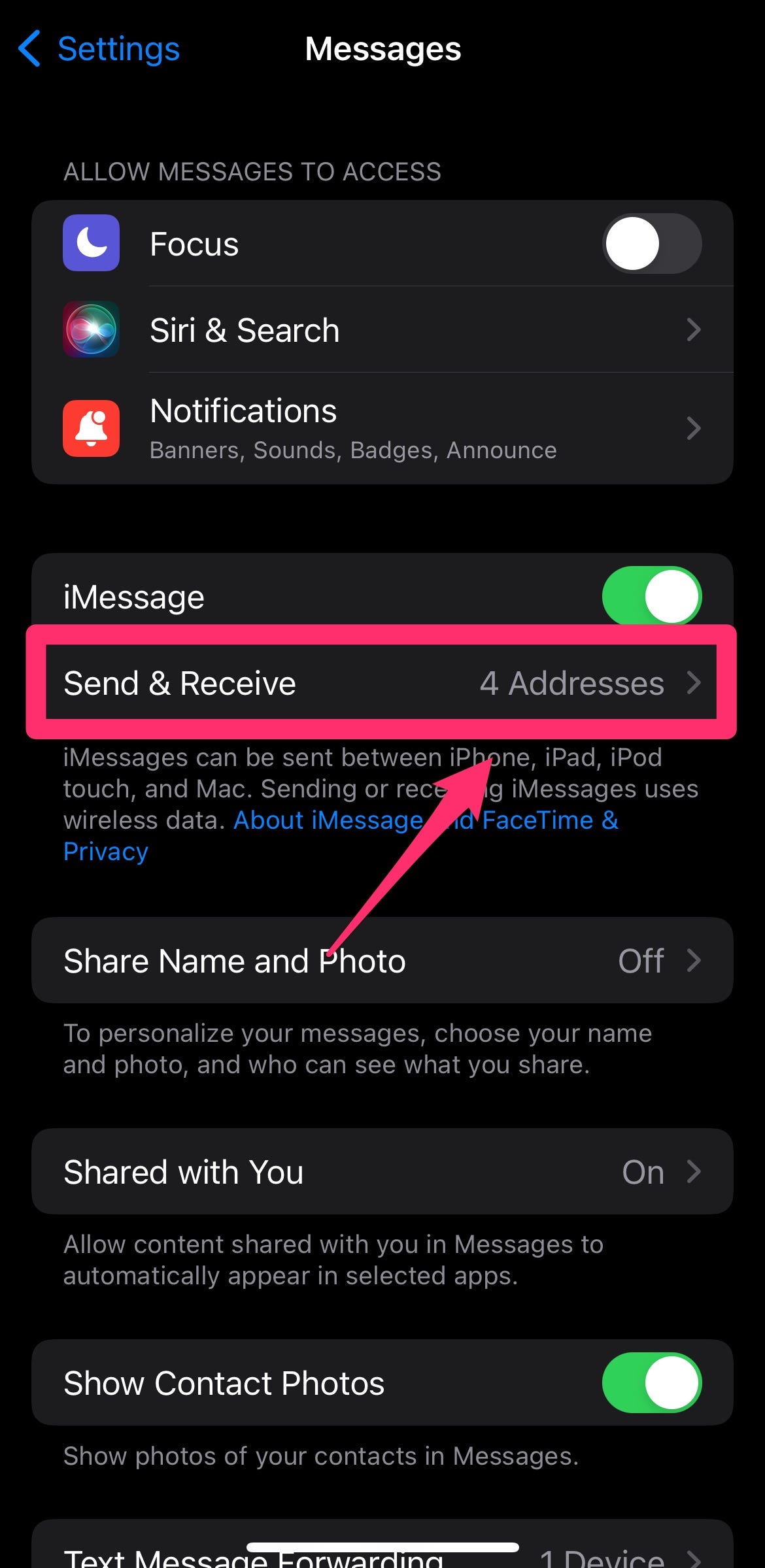 Messages menu with Send & Receive highlighted with a box and arrow.