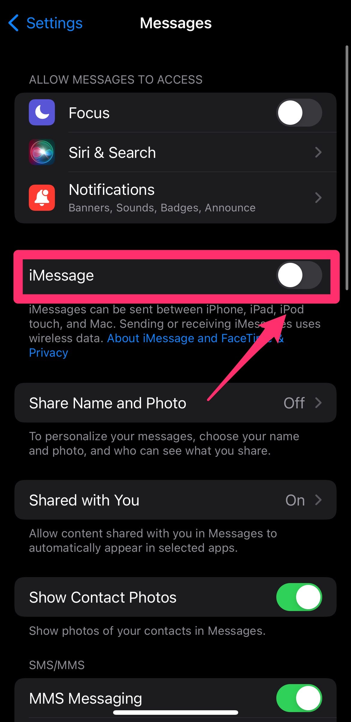 Messages menu with iMessage slider highlighted with a box and arrow.