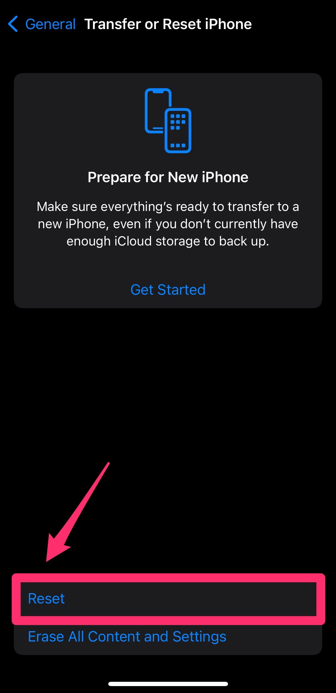 Transfer or Reset iPhone page with Reset button highlighted with a box and arrow.