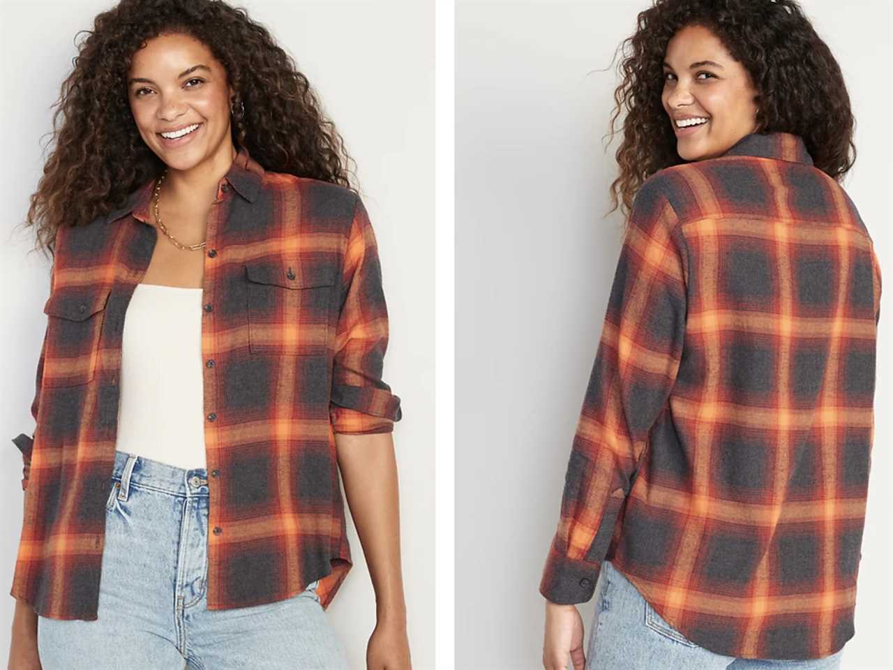 Front and back view of a model wearing an Old Navy long-sleeve black and orange plaid flannel that looks like the jacket Taylor Swift wears on the "Evermore" album cover, one of the best gifts for a Taylor Swift fan