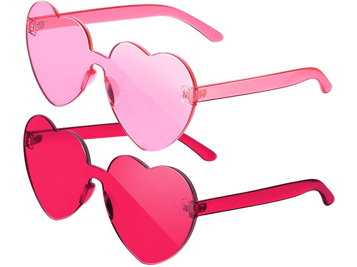 Twoi pairs of pink and red heart shaped sunglasses that Taylor Swift wore in the "You Need To Calm Down" music video, one of the best gifts for a Taylor Swift fan