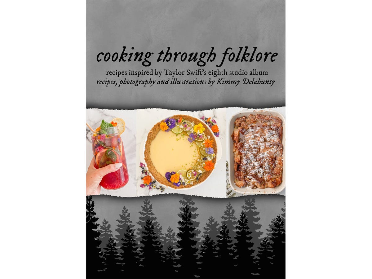 The book cover of "Cooking Through Folklore" cookbook themed around Taylor Swift's "Folklore" album from Etsy, one of the best gifts for a Taylor Swift fan