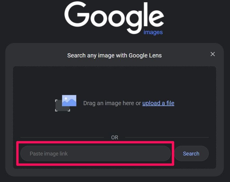 Google Images’ homepage, with the “Paste image link” text box highlighted.