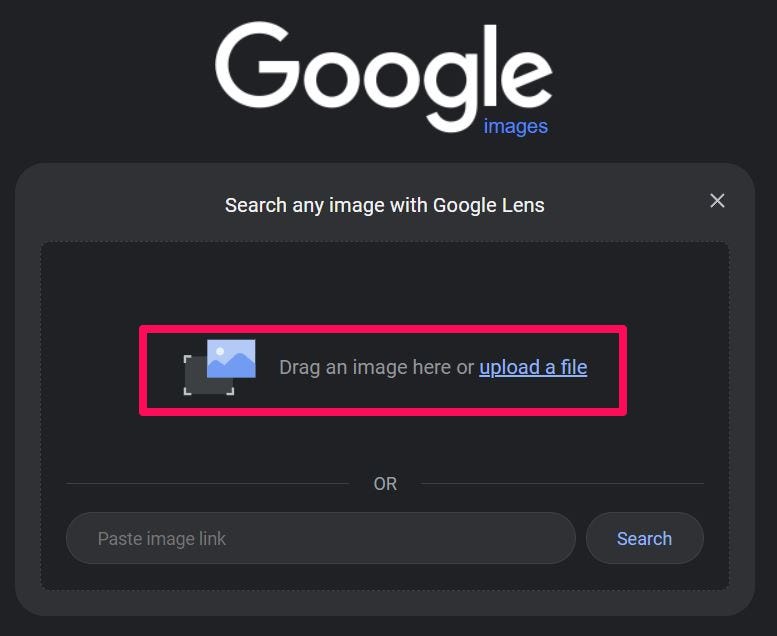 Google Images in a browser, with the “Drag an image here” text and “upload a file” link highlighted.