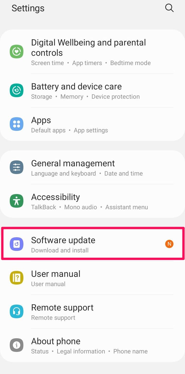 The Settings app on an Android device, with the “Software Update” option highlighted.