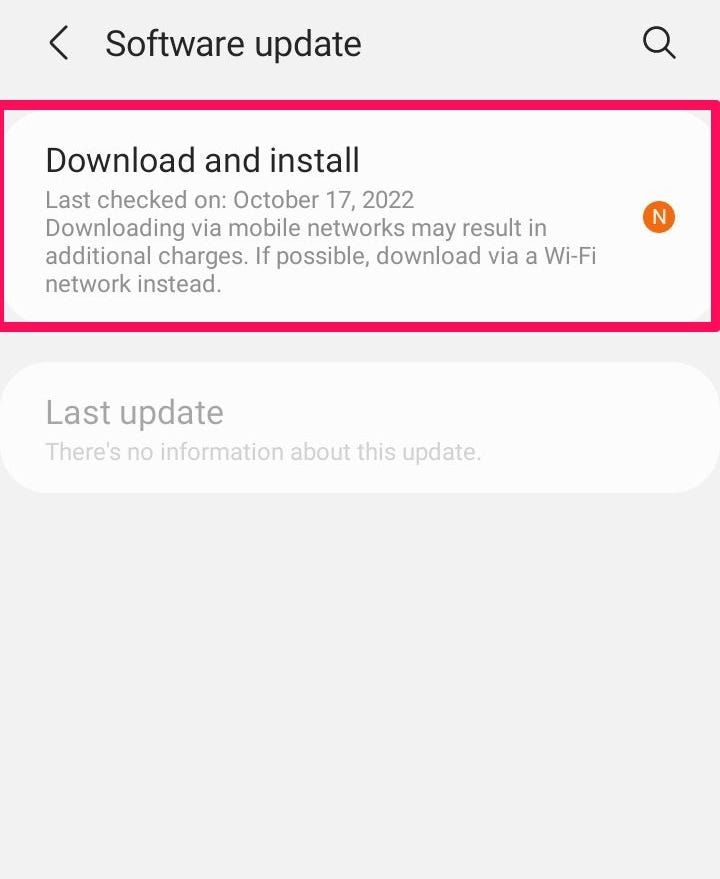 The “Software Update” screen in the Settings app on Android, with the “Download and install” option highlighted.