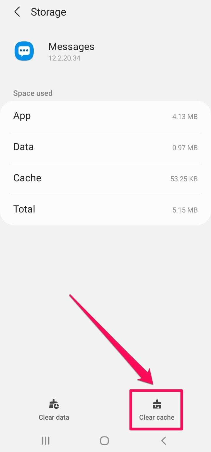 The “Storage” page of the Messages app, with the “Clear cache” option highlighted. Credit: Stefan Ionescu/Insider