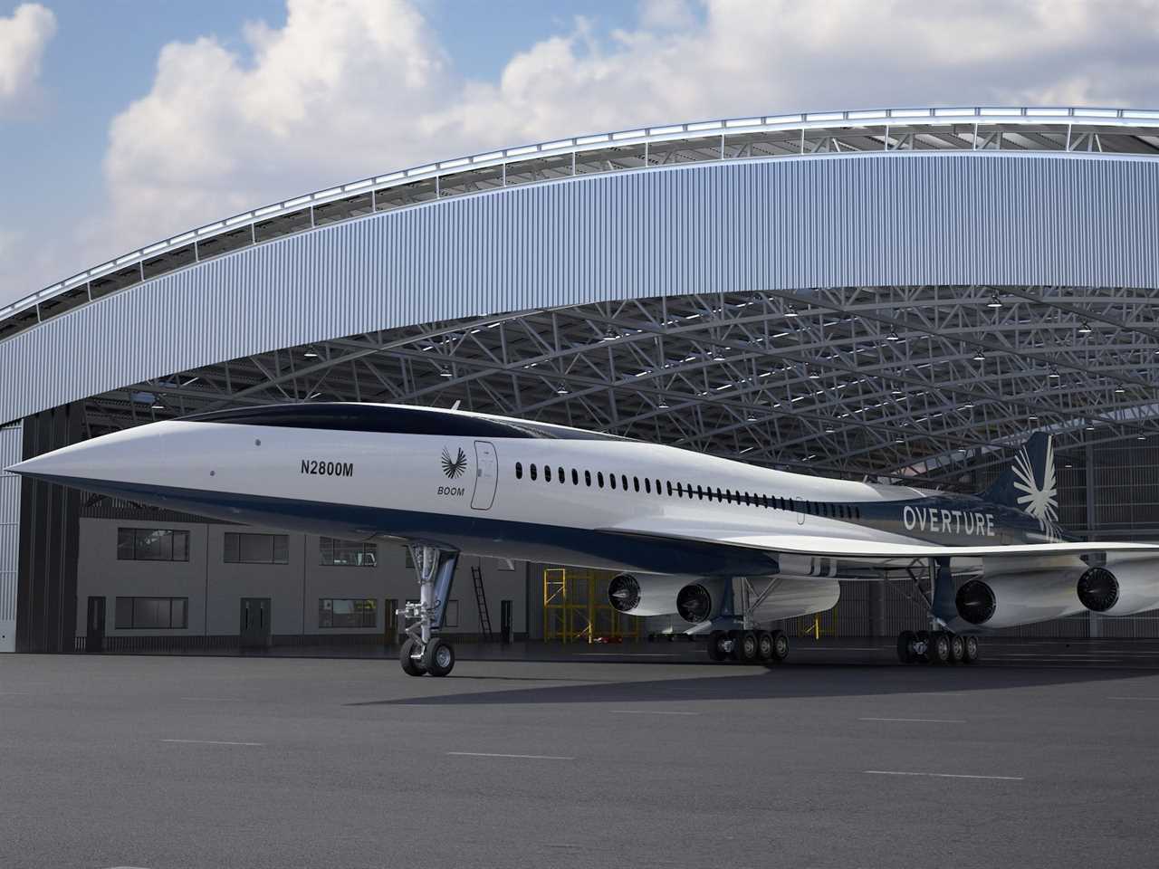 Boom Supersonic's Overture by a hangar.