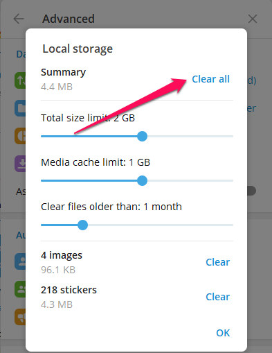 The Local storage menu in the Telegram app for Windows.