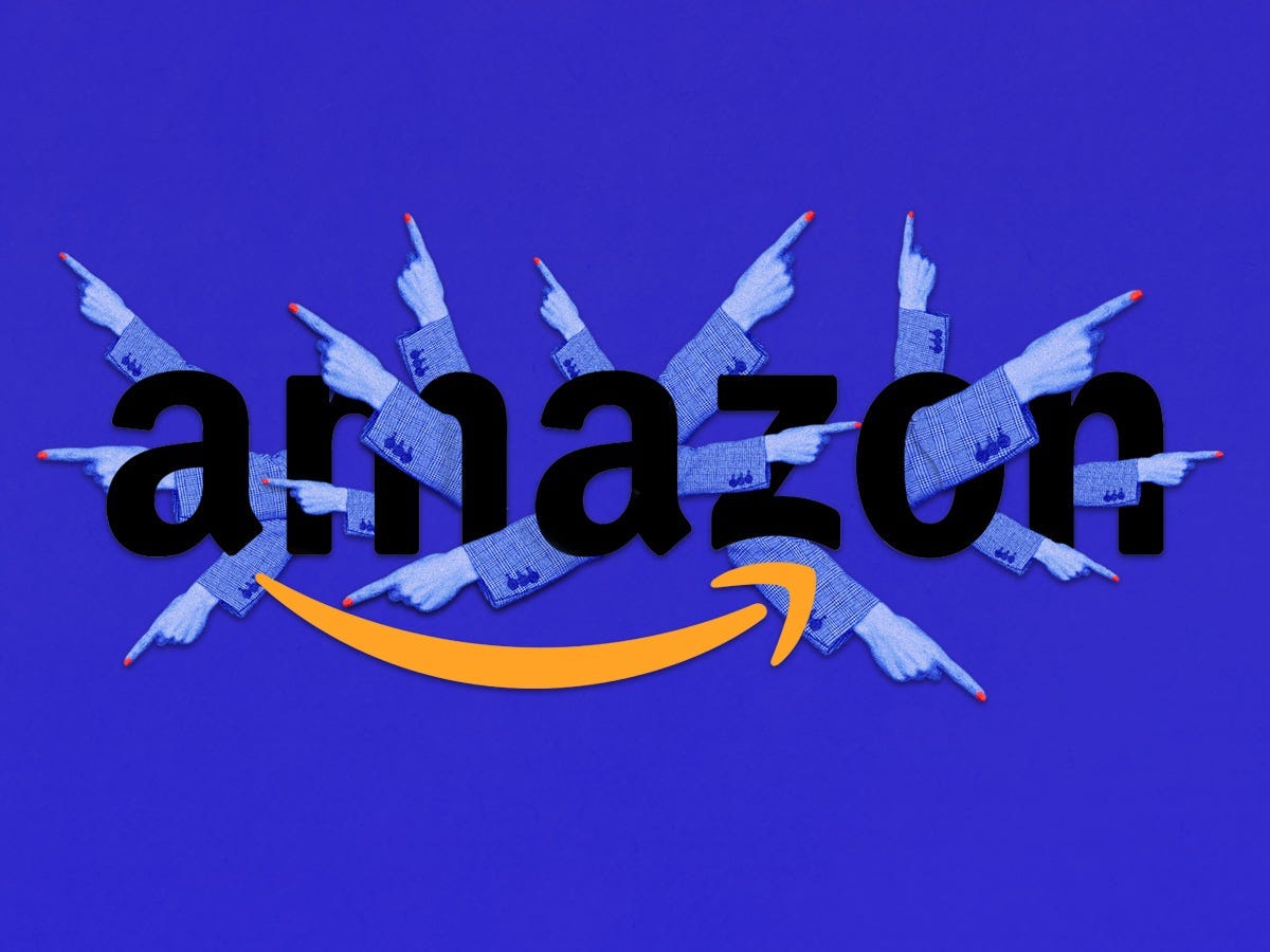 Photo illustration of the Amazon logo with several pointing hands coming out of the letters.