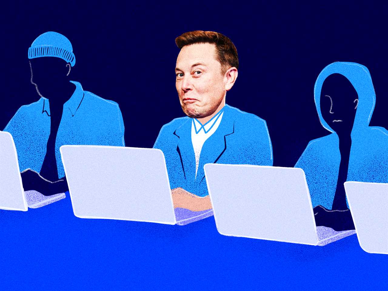 illustration of elon musk working on a laptop in a row between four other software engineers