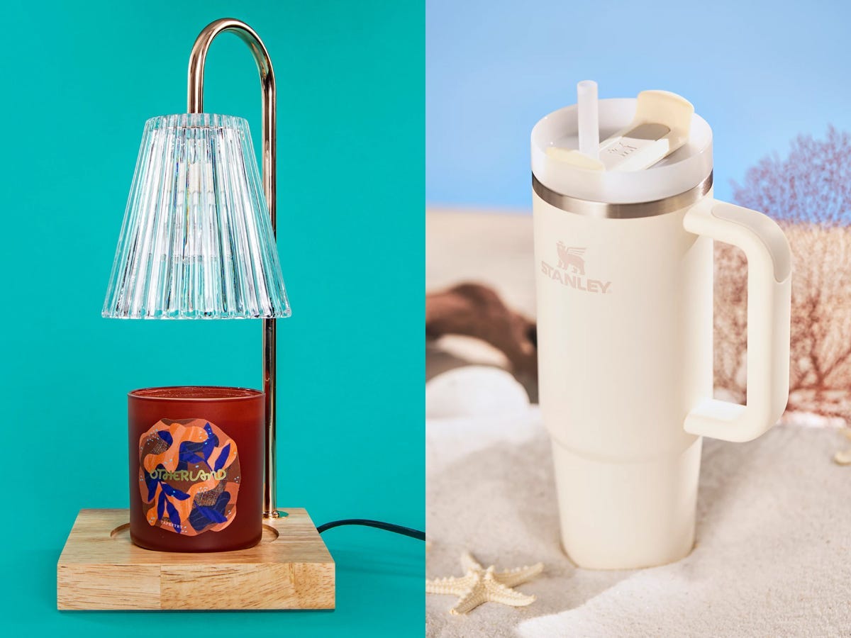 collage of a Luzdiosa Candle Warmer Lamp against a teal background and a Stanley 30 oz. Quencher H2.0 FlowState Tumbler as two of the best TikTok gift ideas