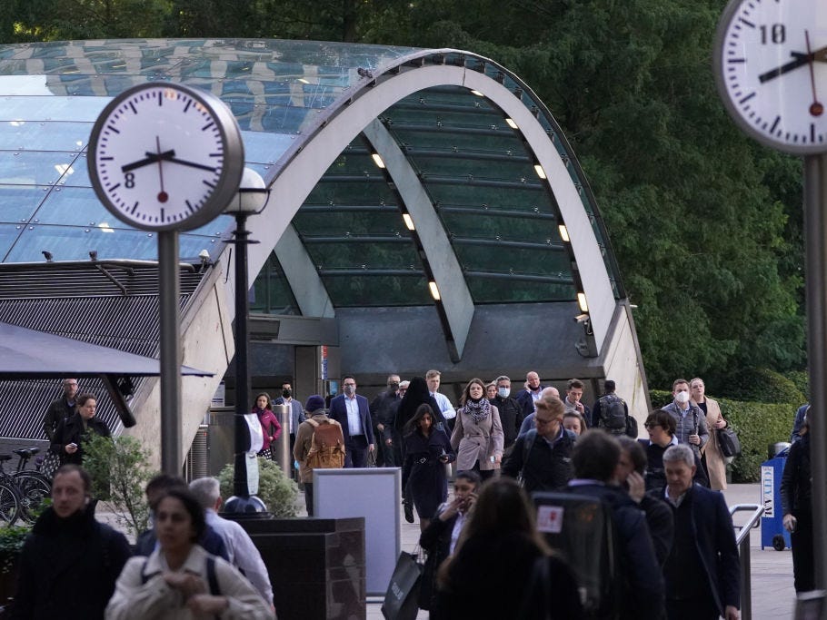 Office workers at Canary Wharf in London