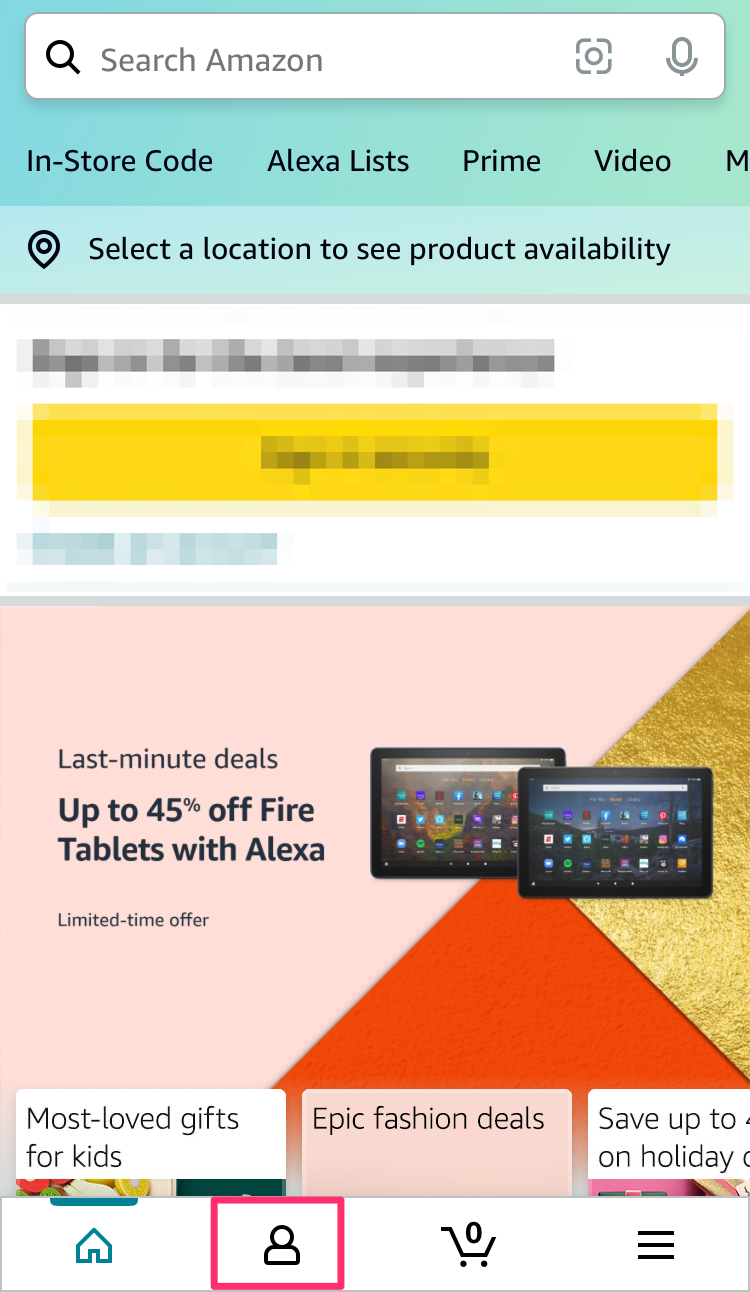 The main screen on the Amazon shopping app.