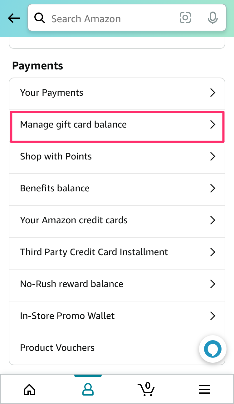 The payments section on the Amazon app.