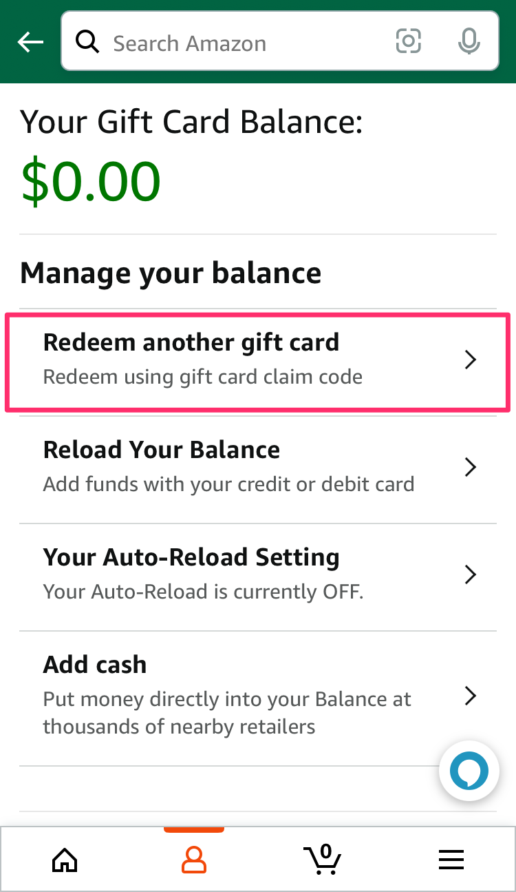 The gift card redemption page on the Amazon app.