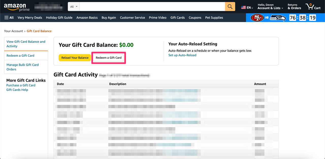 The gift card balance page on the Amazon site.