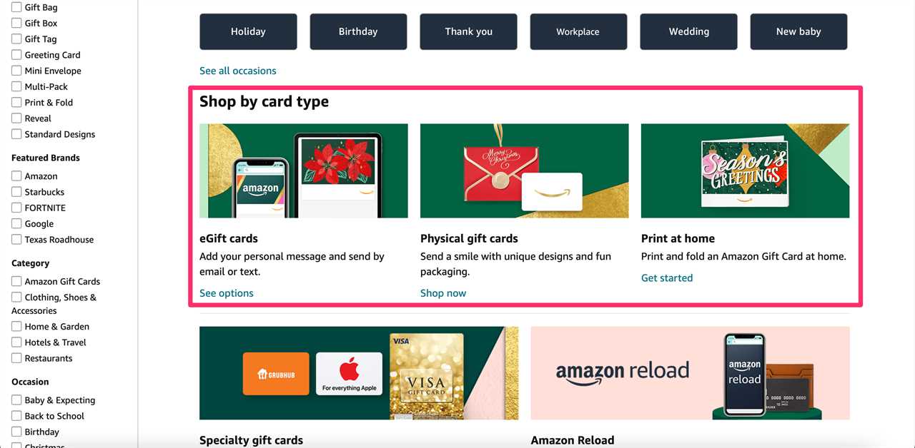 The gift card page on the Amazon site.