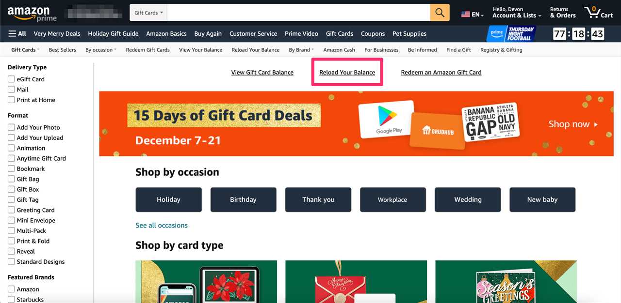 The gift card page on the Amazon site.