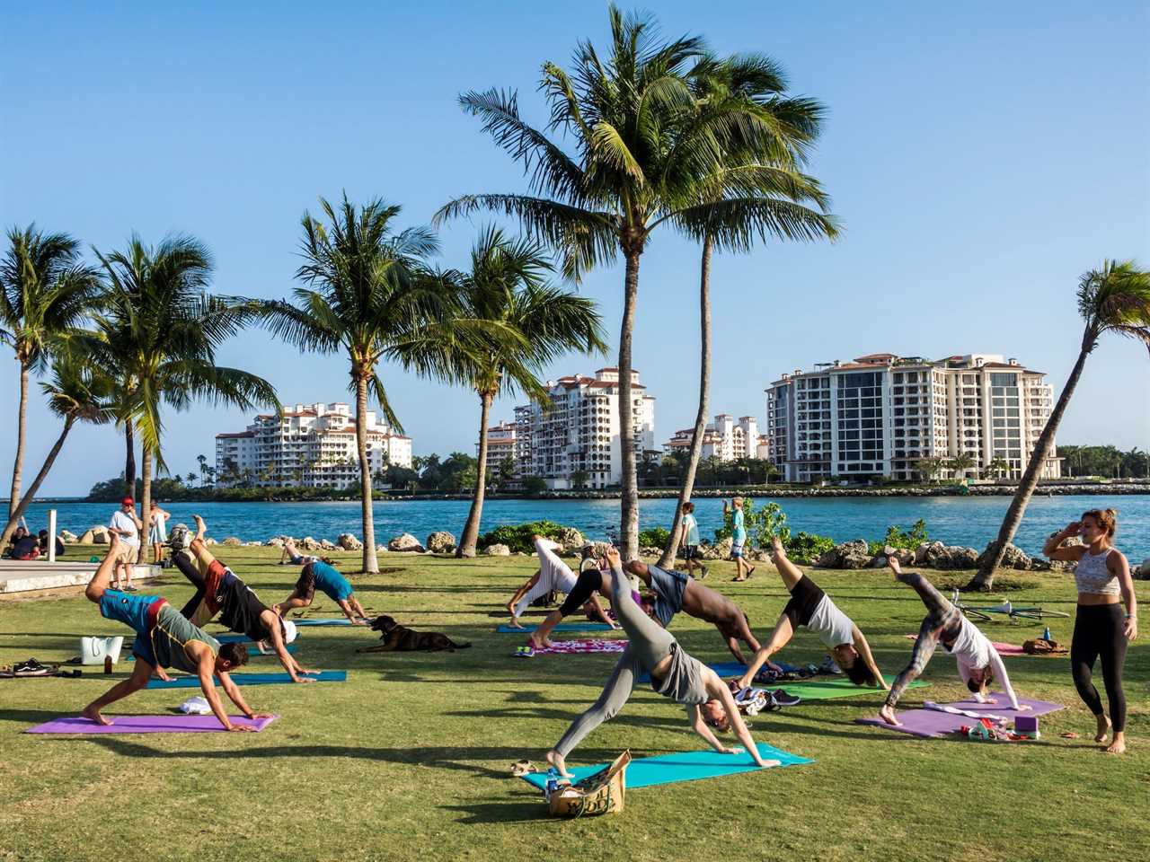 An outdoor yoga class at South Pointe Park in Miami Beach Florida.