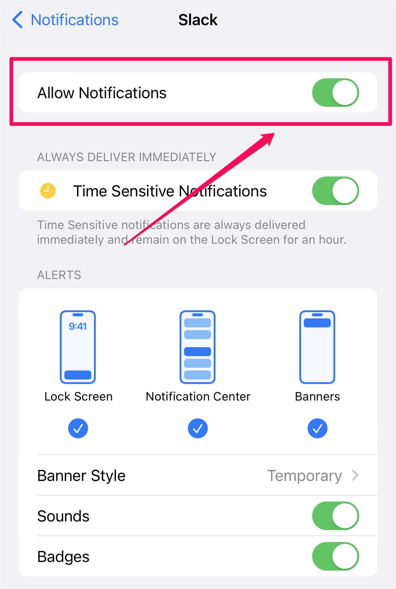 Slack notification settings on iPhone.