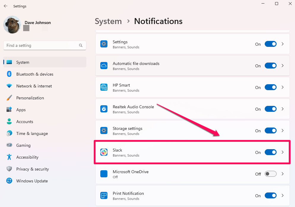 System notifications in Windows.