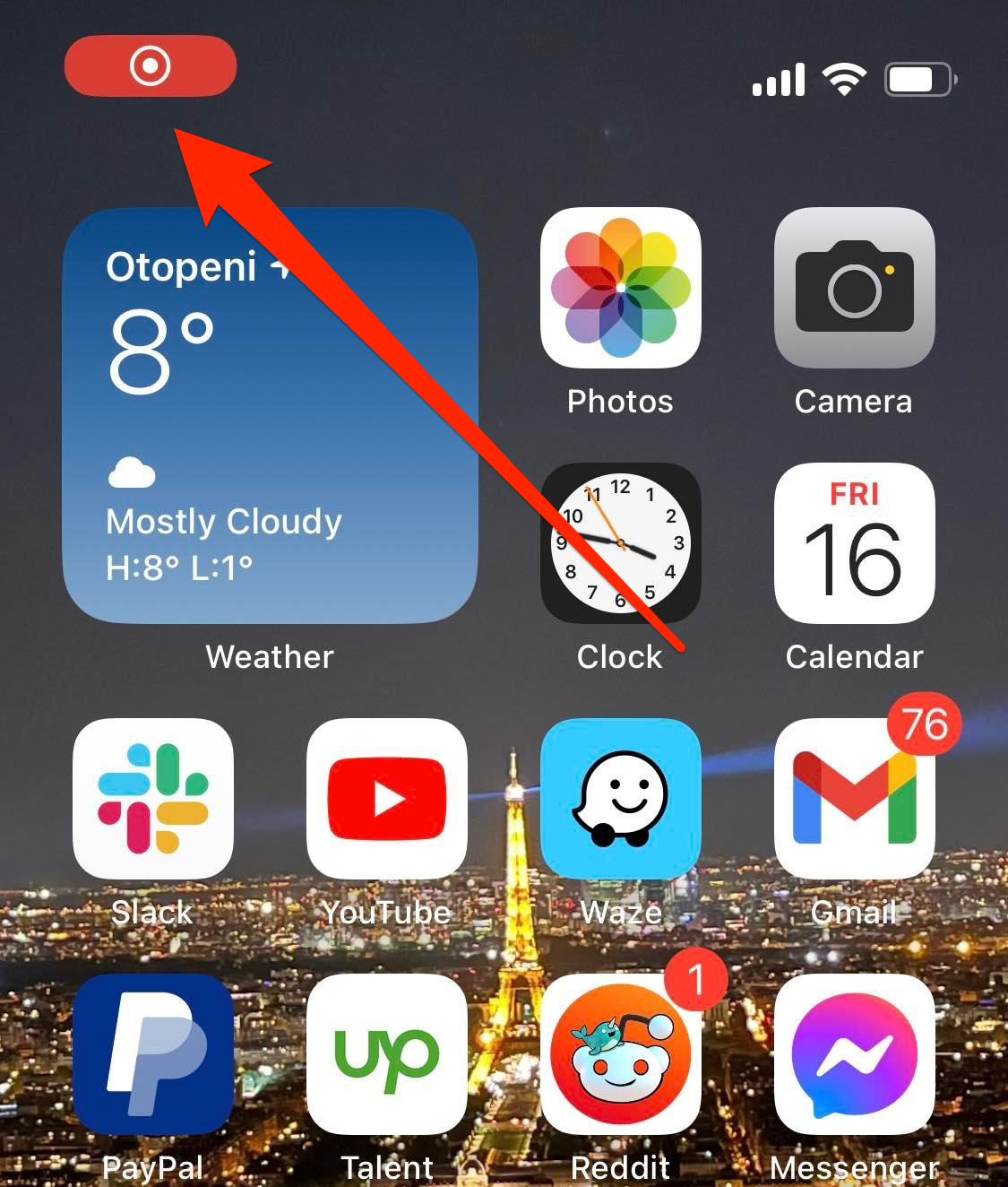 The Control Center on iPhone, with the "Record" button turned red and highlighted.