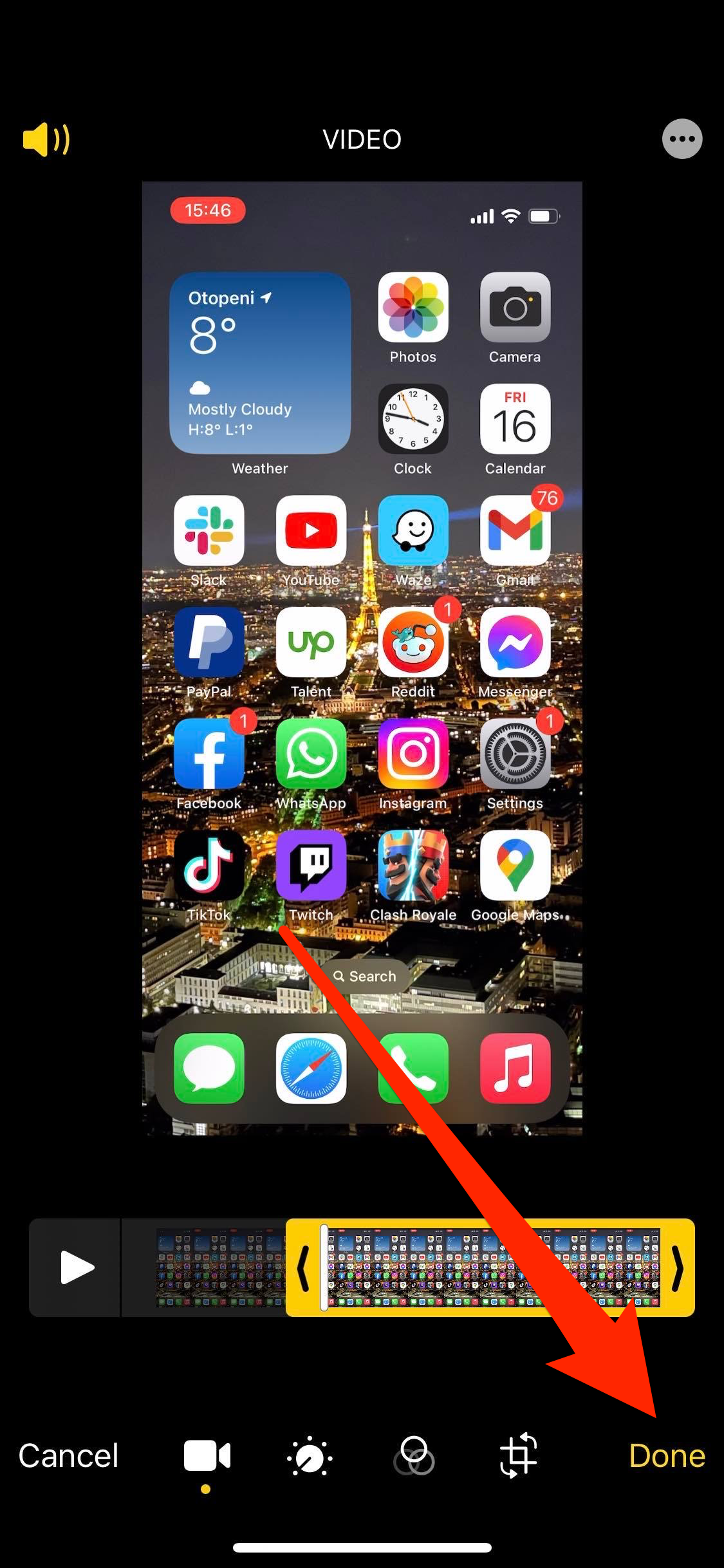 Screenshot of a video being edited in the Photos app, with the "Done" option highlighted.