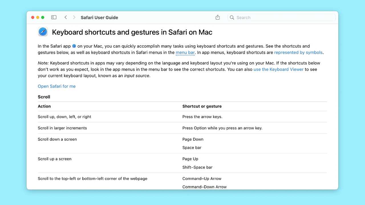 ventura safari keyboard shortcuts