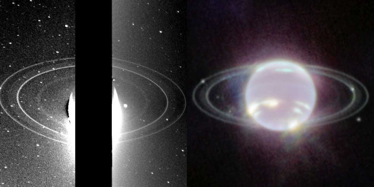 On the left, a picture of Neptune's rings taken by Voyager 2 in 1989. On the right, a picture of Neptune's rings taken in infrared by Webb.