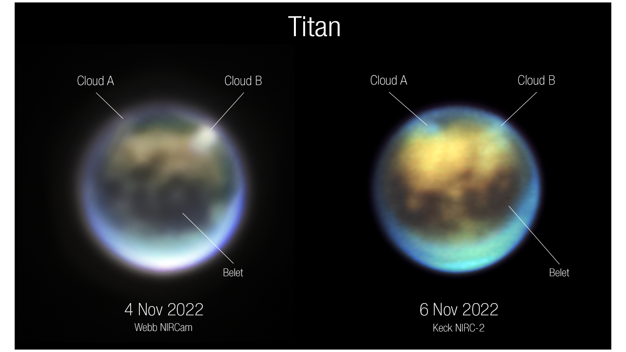 Evolution of clouds on Titan over 30 hours between November 4 and November 6, 2022, as seen by Webb NIRCam (left) and Keck NIRC-2 (right).