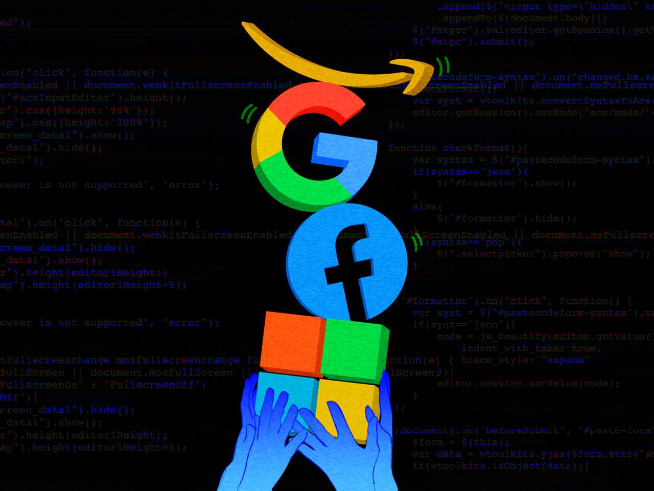 illustration of hands holding up a wobbly stack of tech logos: amazon, google, facebook, and microsoft against a black background with open source code