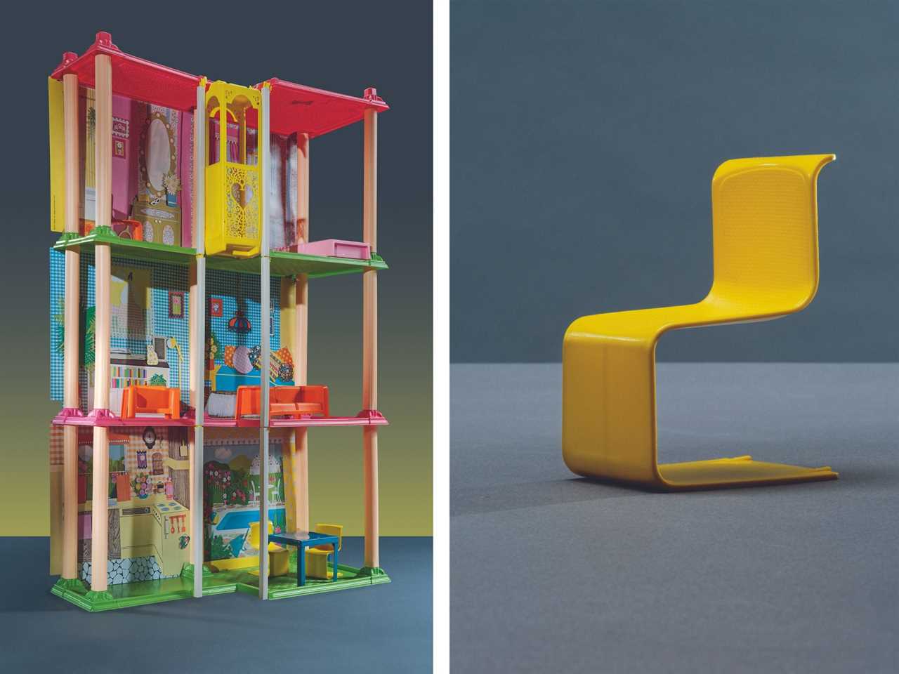 The 1974 Barbie Dreamhouse alongside a chair from the house that is inspired by contemporary design of the time.