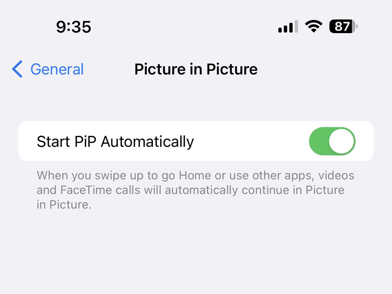 Picture-in-Picture settings on iPhone.