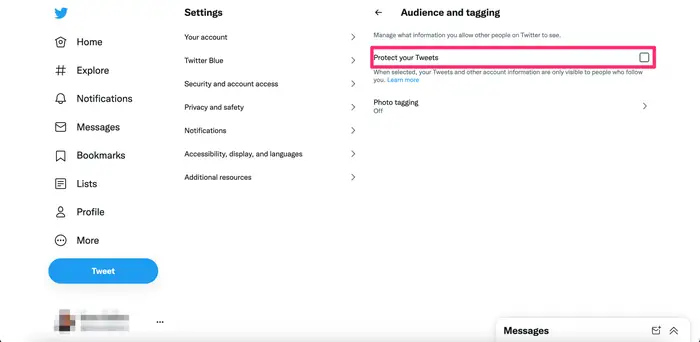 Protect your Tweets option highlighted by a hot pink box.
