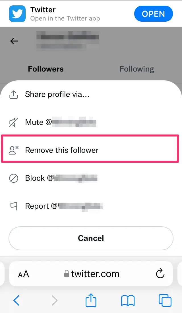 Remove this follower option highlighted by a hot pink box on Twitter mobile website.